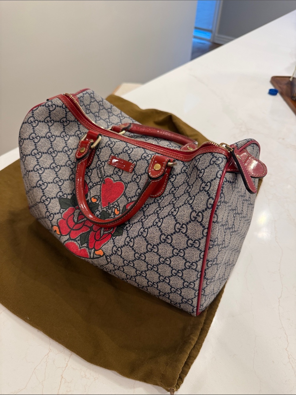 Gucci Beige GG Canvas Satchel with Red and Pink Heart Floral Accents